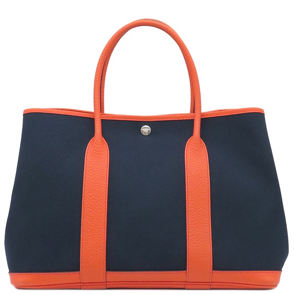 エルメス HERMES トートバッグ ガーデンパーティーPM トワルミリタリー ヴァッシュカントリー ブルーマリン×オレンジポピー シルバー金具 紺 トワルミリテール X刻印 【保存袋】【中古】