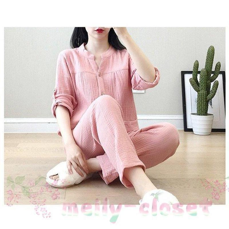 大人気商品パジャマ　　レディース　ウェア　ガーゼ　部屋着　無地　長袖　パンツ　Ｖネック　セットアップ　２点セット 卒業式