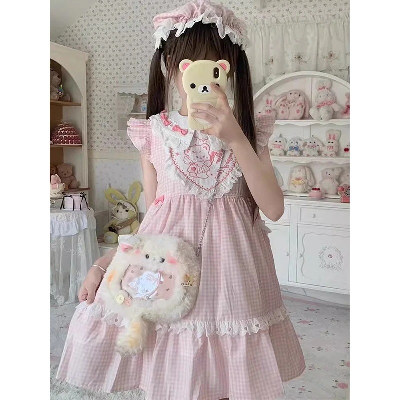 ロリータチェック柄小さなフライングスリーブドレス夏模造コットンカーディガンソフトガールスカート