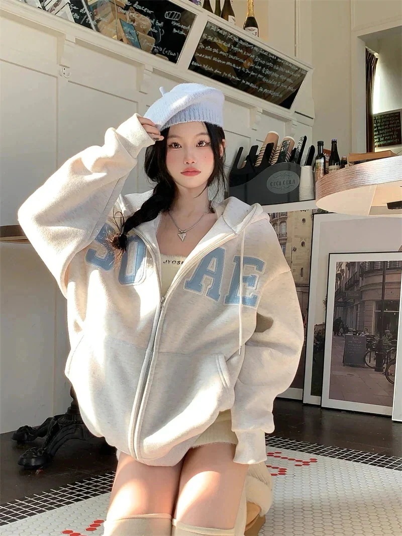 厚手裹起毛 24トップス パーカー フード付き韓国風長袖ゆったり白黒おしゃれレトロチャックシルエット韓国フルサイズファッション系ルーズレディースサイドお出かけ学生通学トラック羽織り かわいい