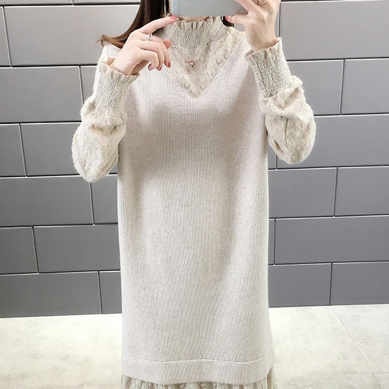 ワンピース レディース ニットワンピース ドッキング レイヤード風 ミディアムワンピース ひざ下丈