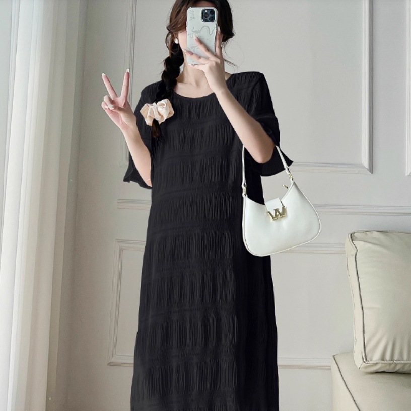 レディース ママワンピース ミモレ 丈長 5分袖 フレアスリーブ クルーネック ストレート 大人可愛い きれいめ シンプル 上品 おしゃれ こなれ感 ラフ エレガント モダン ラブリー キュート