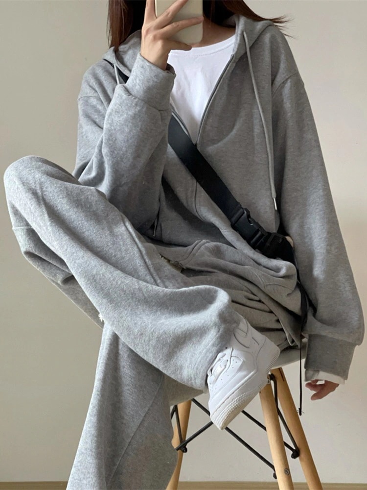 大人気2025 秋冬 2点セット トップスパーカー フード付き チャック韓国羽織り ショート丈 フルパーカー ルーズ サイド上下ボトムス ストレート系冬 ゆったりサイズワイドシルエットリラックストラッ