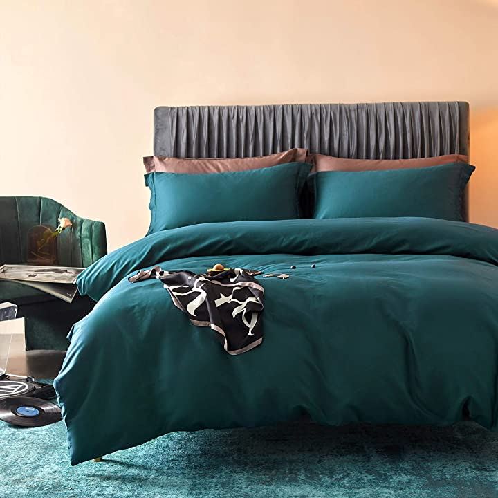 布団カバー 4点セット 無地 エジプト超長綿100% 掛布団カバー ボックスシーツ 枕カバー 300TCサテン調(ピーコックブルー, ダブル)