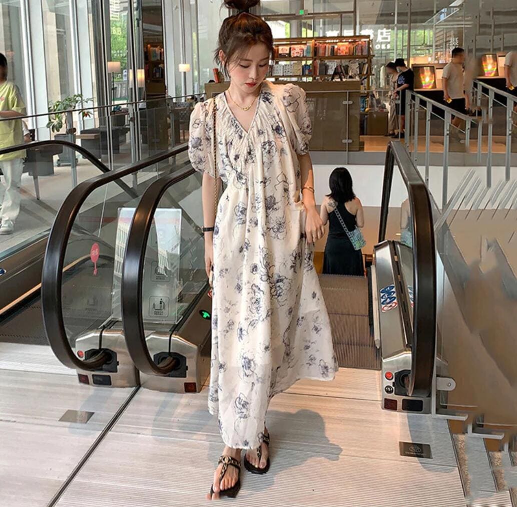 ギャザーネック花柄マキシワンピース オート 花柄ドレス フレンチ ロングドレス