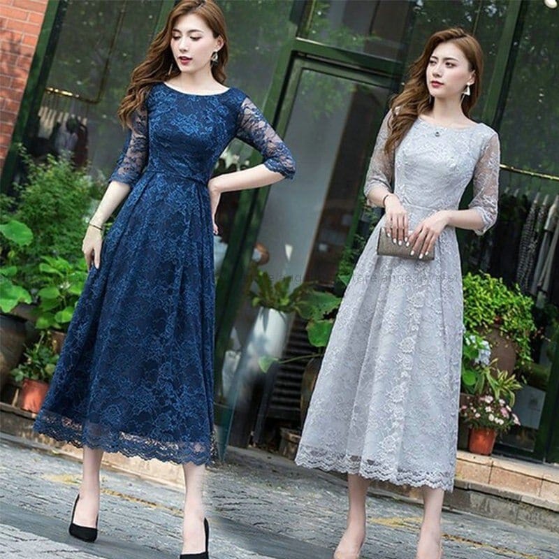 レディース ロング丈 ワンピース パーティ ードレス 安い 可愛い 結婚式 ワンピ ドレス 花柄レー