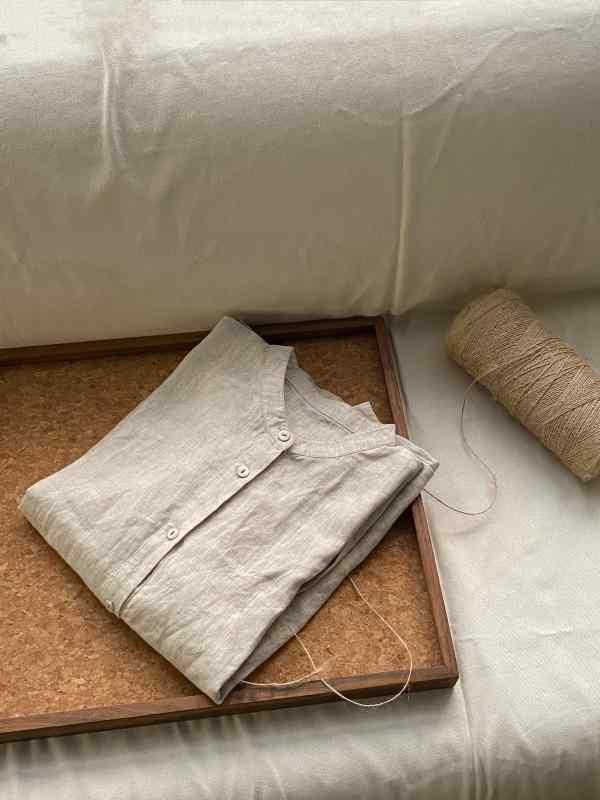 レディース　　シャツ　トップス ALG 7 アートな 雰囲気 漂う ウォッシュ リネンシャツ 和風 ラウンドネック シャツ