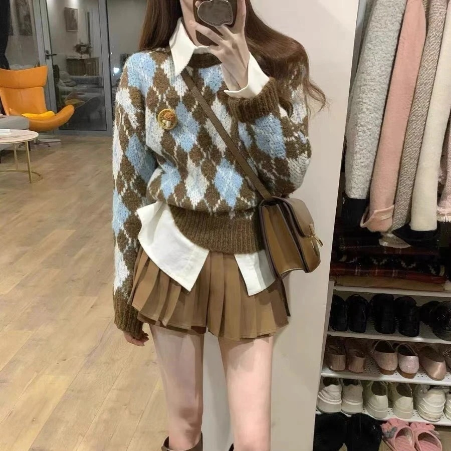 ハイエンドのカスタマイズ-秋と冬服ブルーギンガムラウンドネックメイラードセータースーツスカート韓国ドラマスリーピーススーツの完全なセット