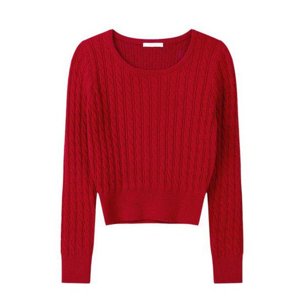 女性シームレスモーダルケーブルUネック長袖ニットTシャツSGW-KN-Q047-レッド