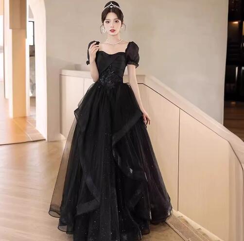 パーティードレス　ロングドレス　演出服　黒　半袖　ワンピース　ステージ　成人式　結婚式　大きいサイズ