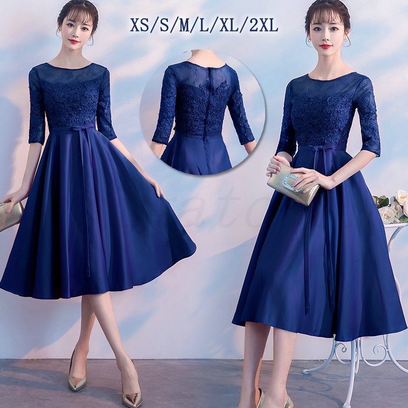 ワンピース 結婚式 ドレス 二次会 花嫁 ブライズメイド 入園式 卒業式 大人 上品 入学式 シースルー パーティードレス フォーマル ミモレ丈 ネイビー レース