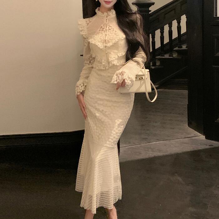 セットアップ 2点セット レース スーツ ブラウス スカート マーメイド 長袖 フリル ショート丈 おしゃれ 大人 可愛い エレガント きれいめ カジュアル フェミニン パーティー お呼ばれ オケージ