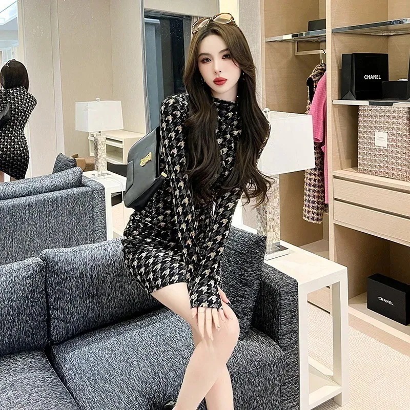 【JY.上品】 千鳥格子 ペンシルスカート 斜裾 長袖 タイトスカート ハイネック ショートワンピース フォーマル パーティードレス 同窓会 結婚式 披露宴 卒業式 演奏会 二次会