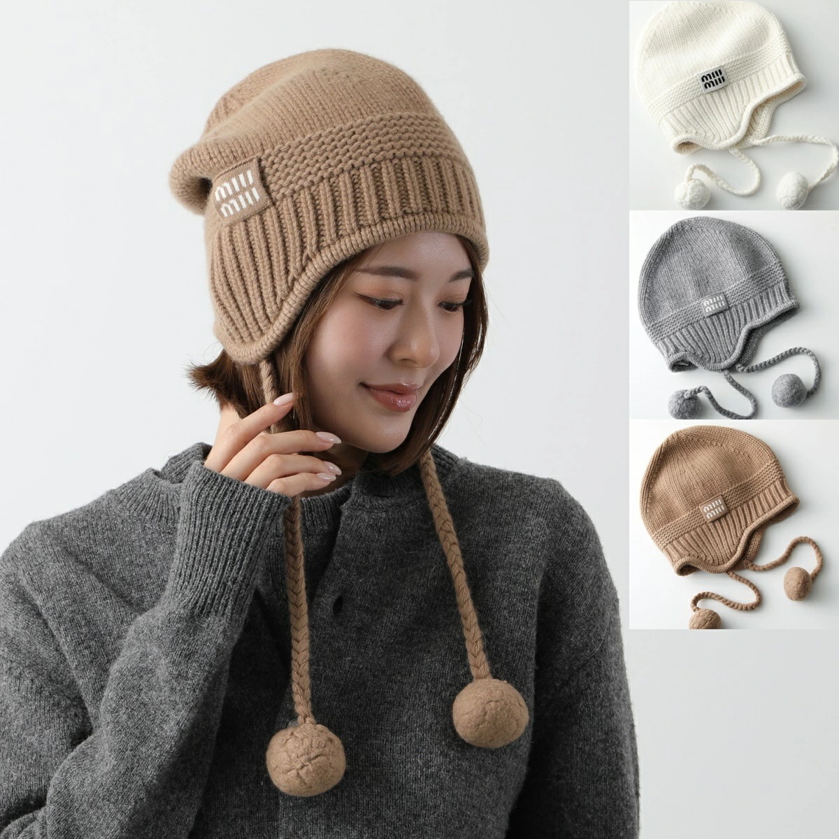 MIUMIU ミュウミュウ ニット帽 5HC324 2F8S レディース ウール カシミヤ混 ロゴ ビーニー ボンボン 耳当て かぎ編み 帽子 カラー3色