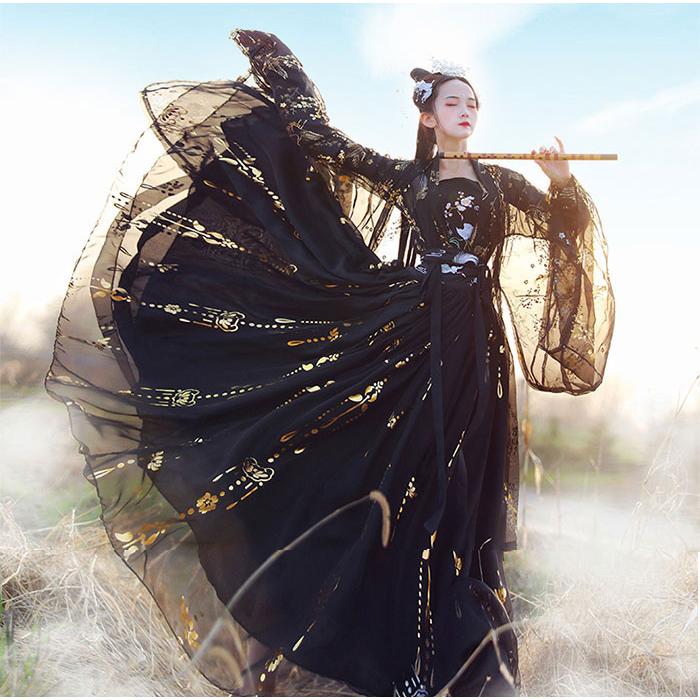 【ハロウィン 限定】漢服 ドレス ハロウィン コスプレ 衣装 ブラック 黒 中華 民族衣装 コスチューム 鶴 刺繍 素敵 中華 漢服 衣装 中華服 チャイナ服 ハロウィン コスプレ衣装 仮