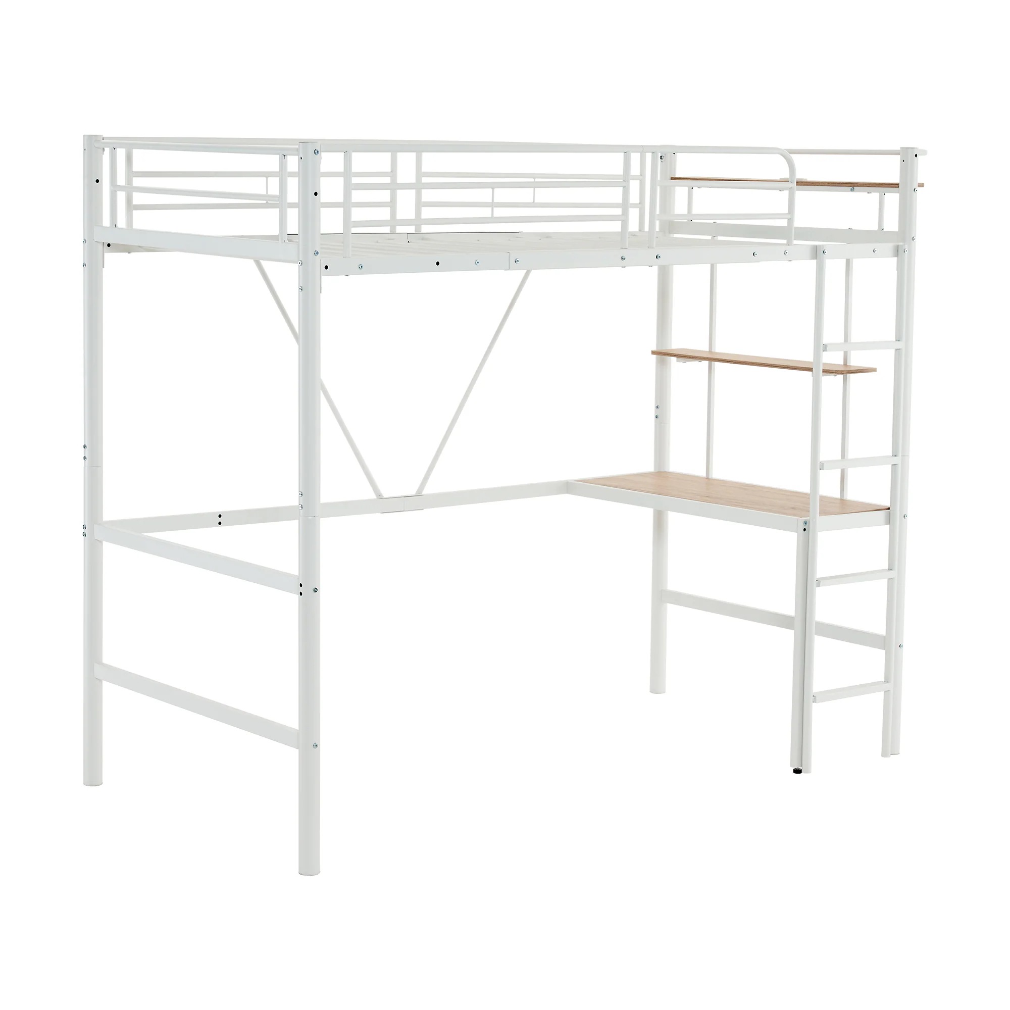 46ロフトベッド 机付き パイプベッド シングル 木 デスク付き コンセント付き 耐荷重150kg 高さ170cm 収納棚 ロフトベッド ハイタイプ はしご付き 北欧風 子供部屋 送料無料 スチール