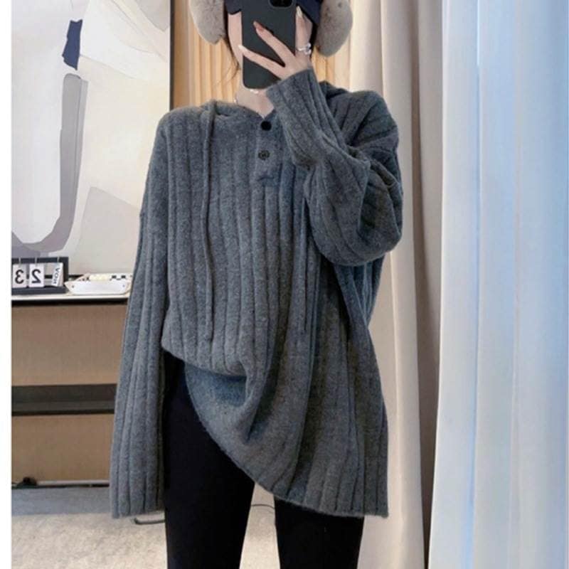 フード付き リブニットセーター レディース トップス ニット セーター プルオーバー 丈長 長袖 ドロップショルダー 萌袖 フード リブ リブニット ボタン かわいい 大人可愛い シンプル カジュアル