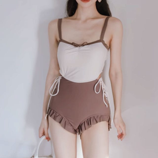 ワンピース水着 茶 リボン セット