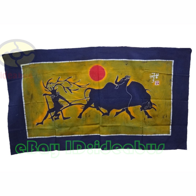 ろうけつ染めの絵 Chinese Yunnan Folk Art Wall Decor Hanging Batik Tapestry Spring Ploughing 85x150cm