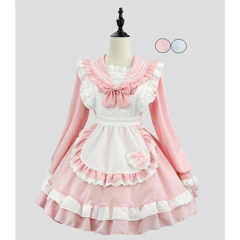 メイド服 セーラー服 大人 セーラー風メイドコス 新作 長袖 ショート丈 キュート メイドドレス 裾フリル エプロンドレス ピンク 水色 女子 マリン風 甘ロリー メおすすめ商品