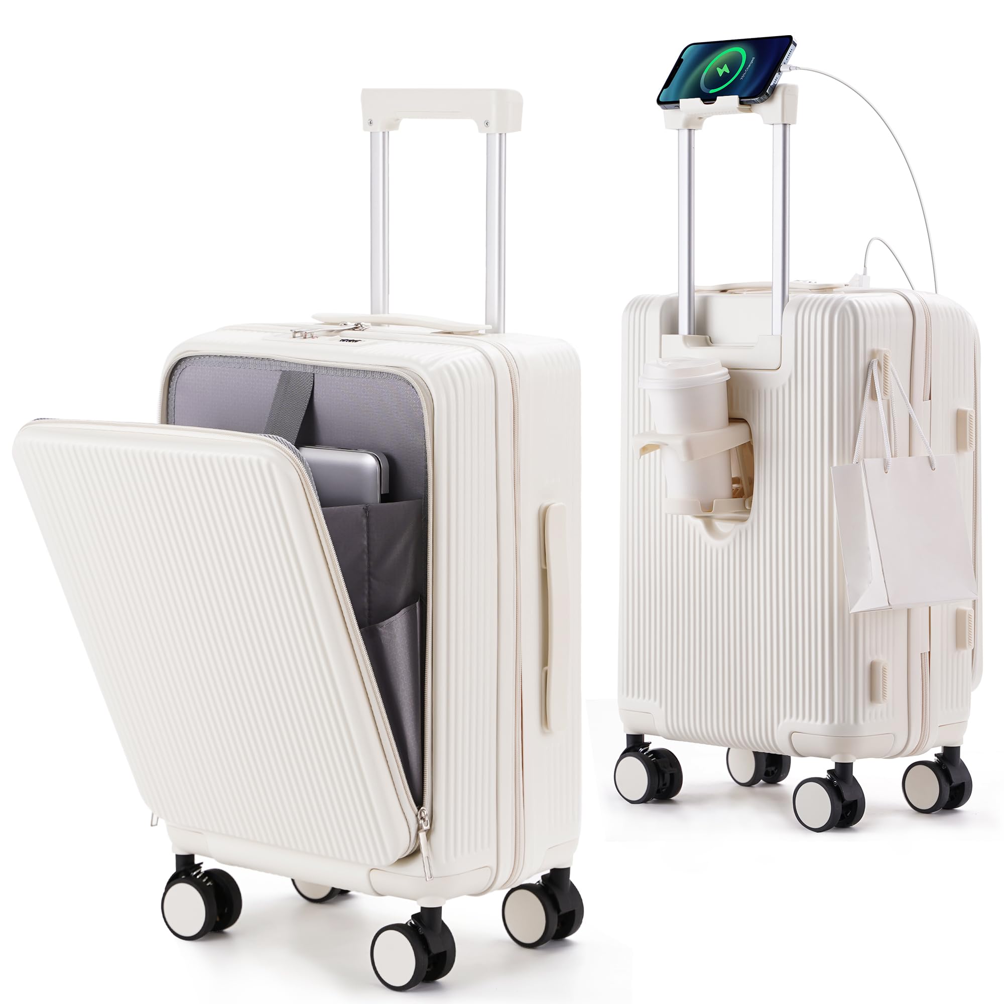 [MULARDA] 前開きキャリーケース スーツケース機内持ち込み 耐衝撃 超軽量 USBポート付き Sサイズ 大容量 1-3泊 旅行 ビジネス 出張 ホワイト
