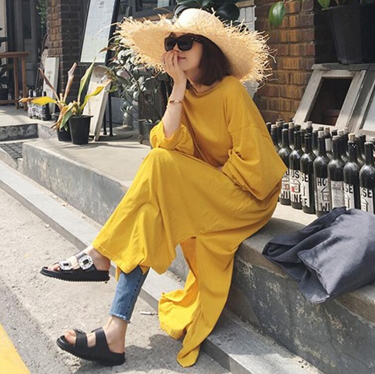 【本日限定】長袖Tシャツワンピース　体型カバー　ロングtシャツ ワンピース　マキシワンピース　 大きめ ゆったり コットン100％　純綿　妊婦 マタニティ　無地　オーバーサイズ　スリット入り