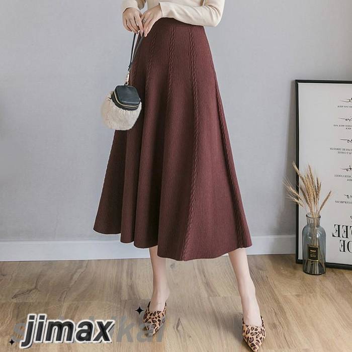 フレアスカート レディース ニットスカート ロングスカート リブニット 無地 Aライン カジュアル フリーサイズ ミモレ丈 ゴムウエスト 秋冬 プレゼント