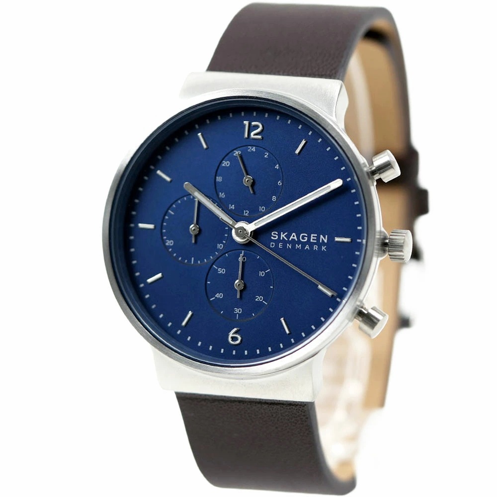 スカーゲン 腕時計 クロノグラフ 蓄光 夜光 レザー メンズ ブルー ブラウン ANCHER SKAGEN SKW6765