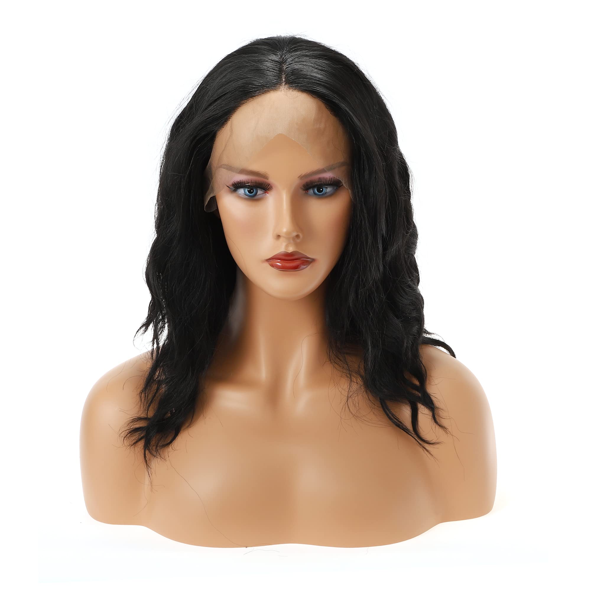 VOCOSTE レースフロントウィッグ 耐熱性 ミディアムロング ふわふわ カーリー ウェーブ 女の子の日常用 合成繊維 ブラック 30.5 cm