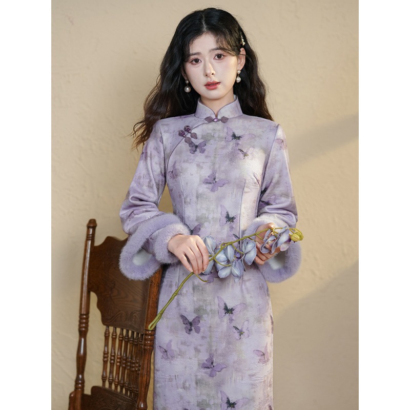 パープル新中国風改良チャイナドレス2024新レトロ中華民国スタイルプラスベルベットヤングスタイル長袖高品質冬