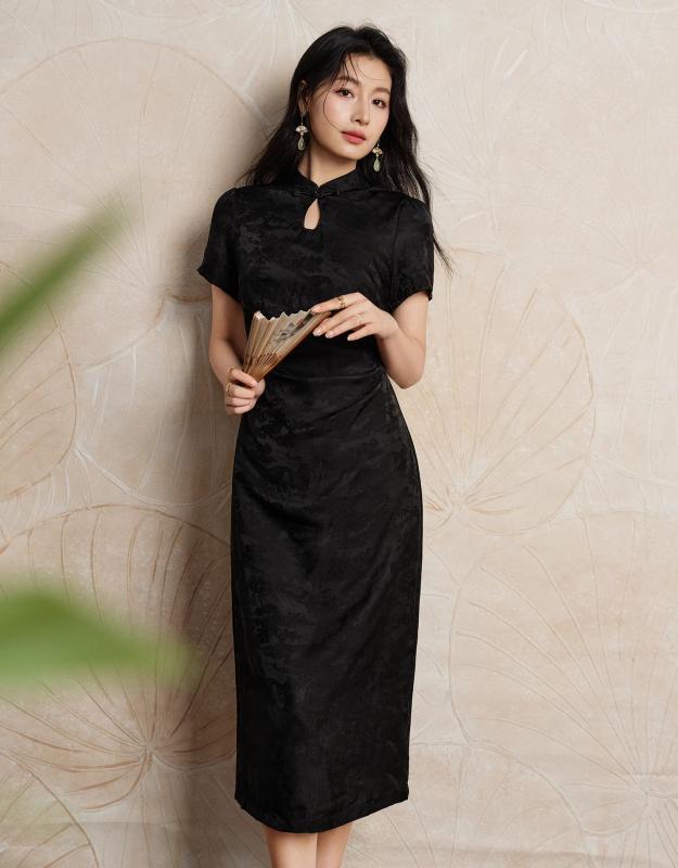 チャイナドレス レディース ワンピース ジャカード ク バックル 半袖 夏 ブラック