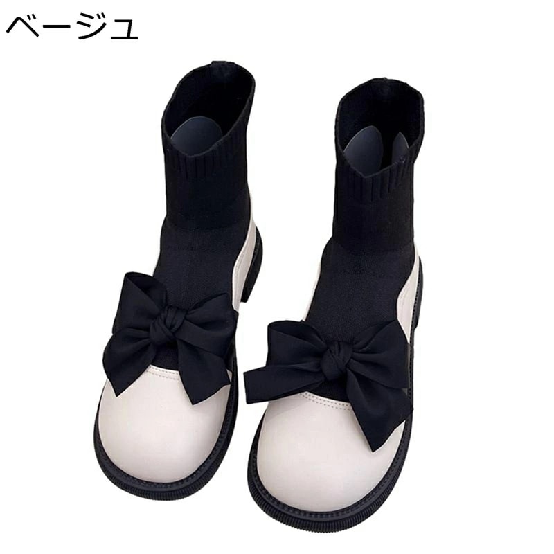 レディースソックスブーツ リボン ラウンドトゥ ローヒール フラット ショートブーツ レディース かわいい 秋靴 冬靴 コンフォート カジュアル ファッション 細見え 歩きやすい 軽い