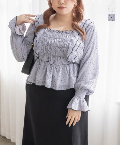 大きいサイズ レディース LL 3L 4L XL XXL XXXL CLETTEオリジナルドット柄フリルブラウス