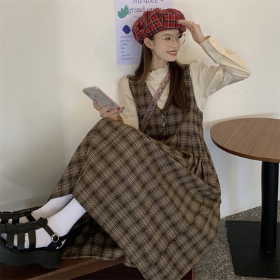 トップス ワンピース シャツ ブラウス ツーピーストップス ロング ロング丈 袖あり ノースリーブ 長袖 Aライン 2点セット 柄 チェック柄 秋 10代 個性的 こなれ感 エレガント ガーリー 6,856円