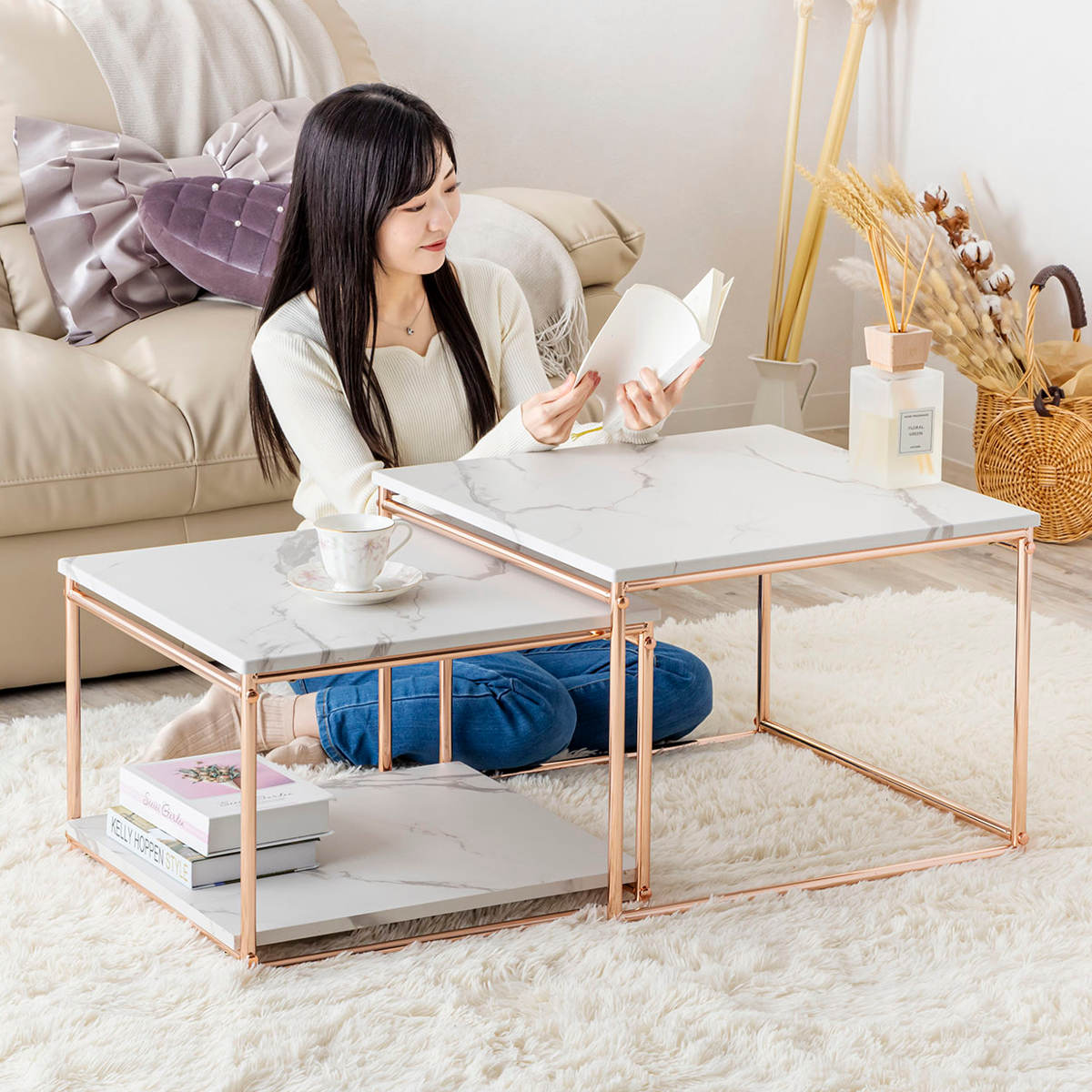 センターテーブル ネストテーブル 幅55cm 幅49cm ローテーブル テーブル 大 小 2点セット 大理石柄 長方形 ピンクゴールド メッキ 脚 フェミニン エレガント 高級感