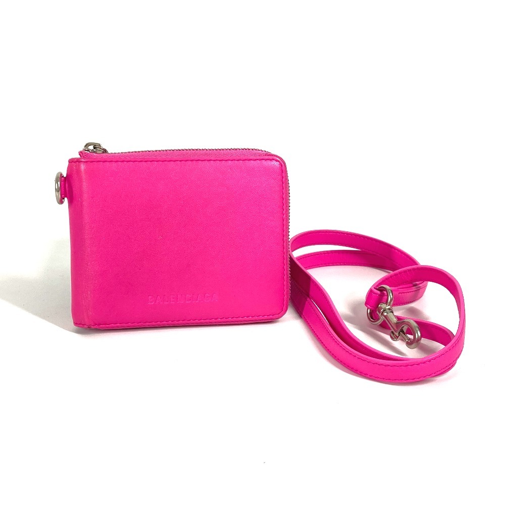 2つ折り財布 659224 ロゴ ストラップ付 コンパクトウォレット ラウンドファスナー レザー ピンク