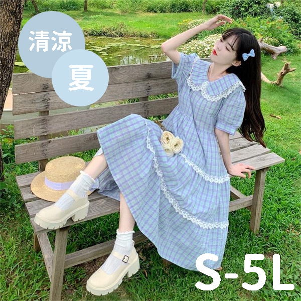 大きいサイズ ワンピース チック柄 半袖 ワンピース ロング 夏 薄手 フレア きれいめ ハイウエスト タックフレアスカート パフスリーブ ウエストリボンベルト 膝下 リラックス シンプル ゆったり