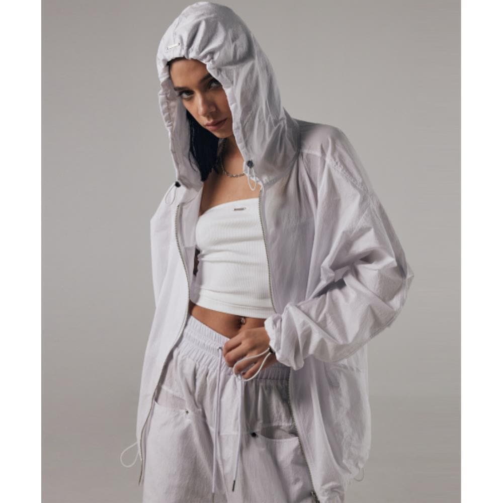 TREEMINGBIRD Round Rivet Nylon Setup Hoodie Zipup White