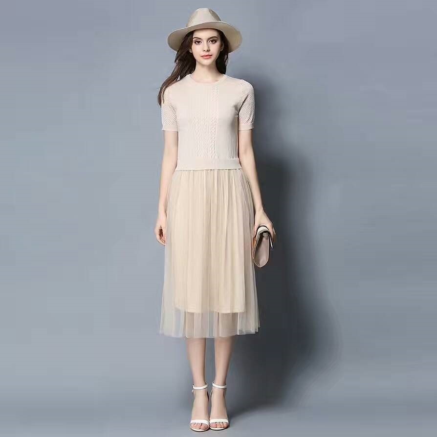 1694.ニットチュールドッキングワンピース（アプリコット）2019 春夏 sale 春夏 sale お呼ばれ 通学 通勤 女子会 レストラン カフェ ランチ