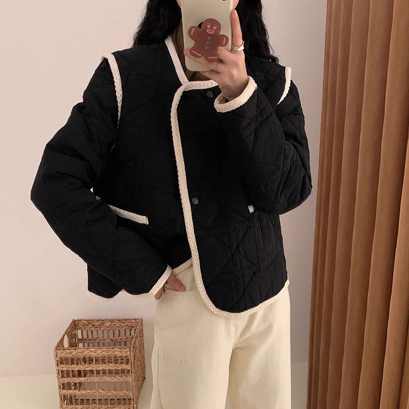 小香風衝突色白鴨パイルダウンジャケット女2024新甘い丸首気質保温小柄コート潮