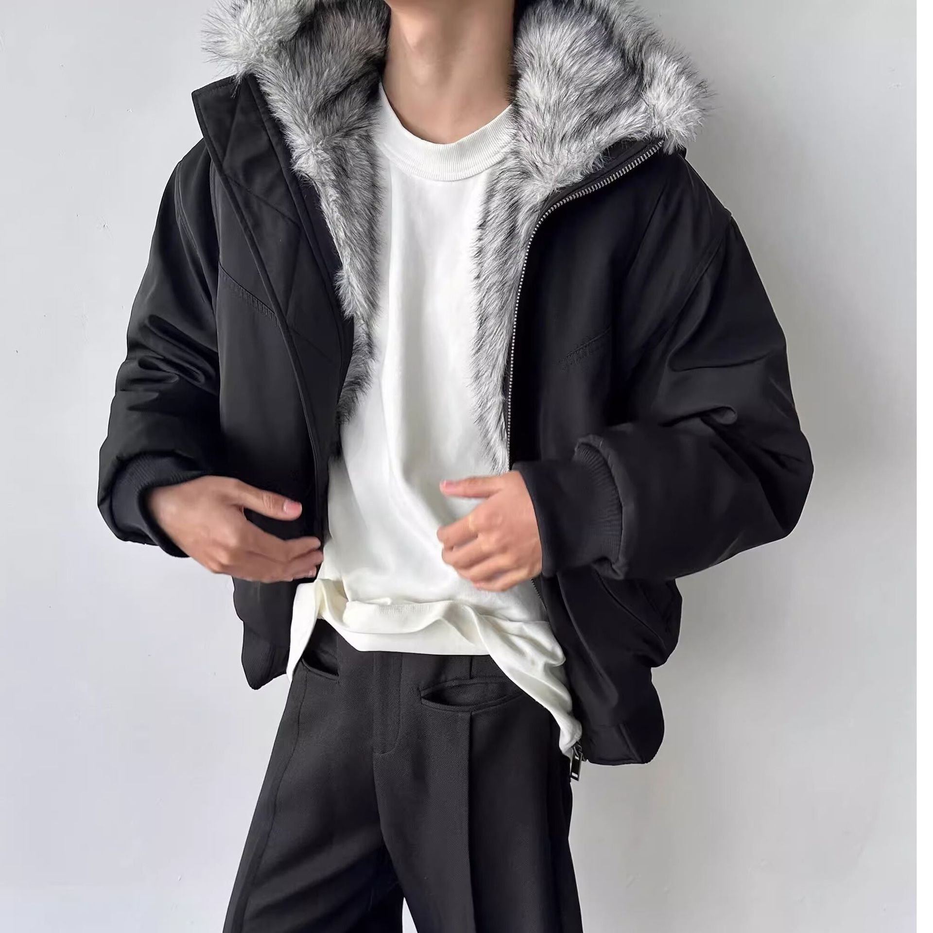 アメリカンレトロデコンストラクトジャケットコットンメンズ冬ハイエンド暖かい山の彫刻クリーンフィットファーカラージャケット