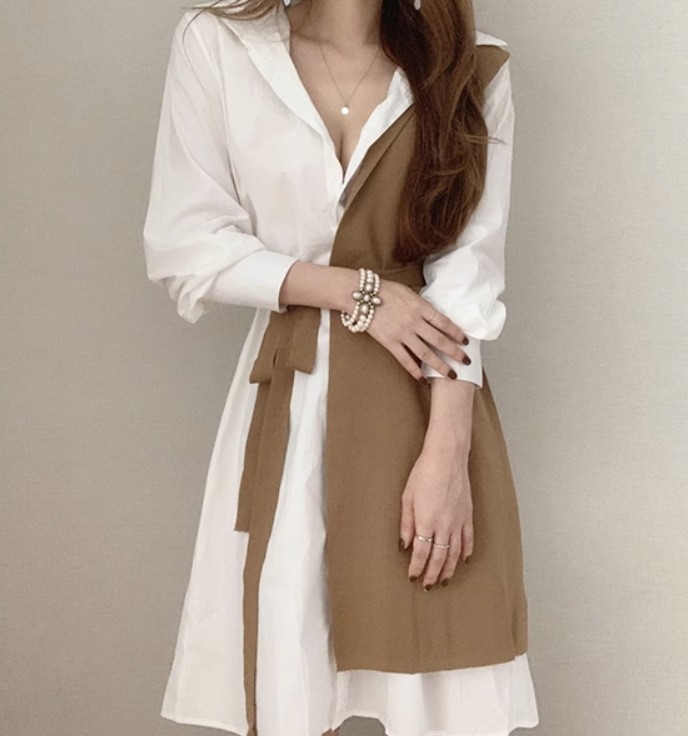 ワンピース デート モテアイテム シャツワンピース レイヤード ウエストデザイン コットン 大人可愛い きれいめ 上品 おしゃれ かっこいい 大人可愛い ラブリー キュート ガーリー クール モード系