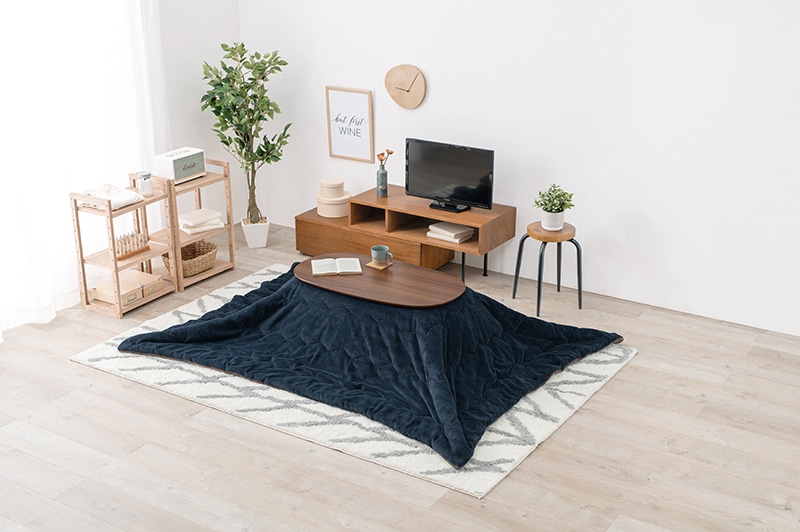 こたつセット こたつ うす掛布団 2点セット ブラウン/ネイビー 90x50cm 木目調 楕円 省スペース 折りたたみテーブル リビングテーブル オールシーズン コタツ