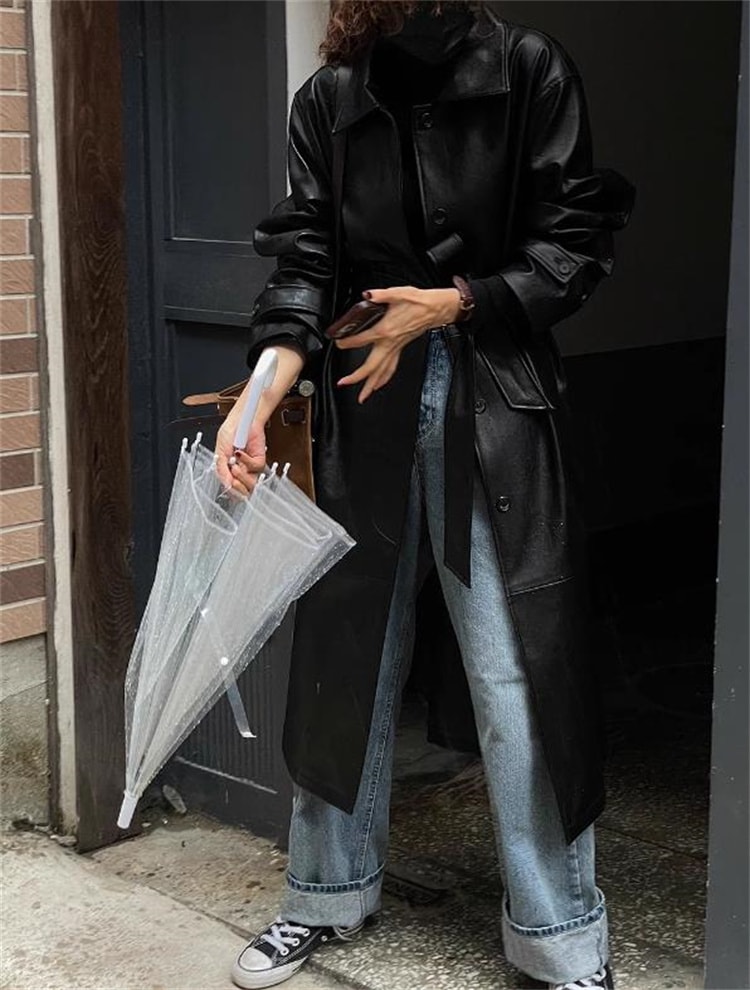 韓国ファッション ダスターコート 秋 レトロ デザインセンス pu皮のパーカー 一列ボタン 襟を正す ゆったりする 気質 長袖 中長セクション コート トレンチコート