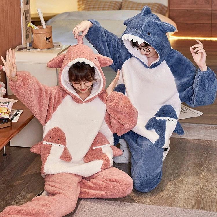ウェア 着ぐるみ パジャマ レディース 大人用 動物 サメ もこもこ ペアパジャマ 上下セット 2色お揃い ペアルック 寝巻き ガウン 怪獣