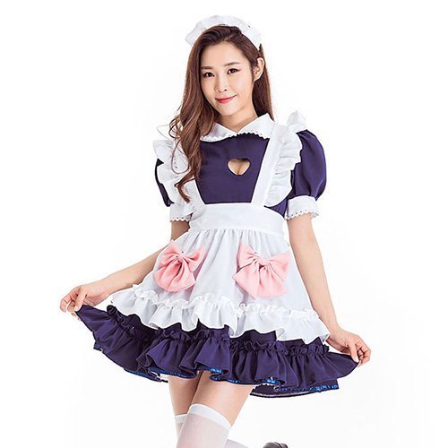 907コスプレ コスチューム メイド服風 エプロン ガーリー 定番 フリル リボン ボリューミー 胸元 ネイビー M GRAXIA グラシア