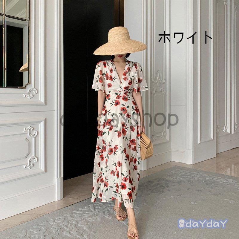 レディース花柄 シフォンワンピース復古風 春夏 プリント 半袖ベアバックVネック Aライン フレアスカート着痩せ オシャレ お出かけ 通勤リゾート新品