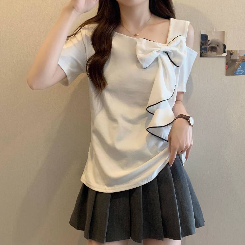 レディース トップス カットソー ワンショルダー 襟なし 肩開き リボン かわいい 大人可愛い きれいめ 上品 おしゃれ ガーリー エレガント 存在感 ラブリー キュート ロマンティック フェミニン