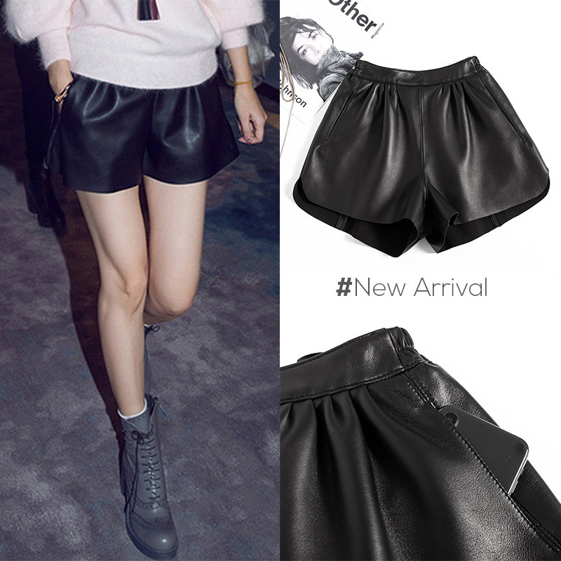 レディース本革ショートパンツ2025年春秋の新スタイルウエストゴムゆったりワイドレッグパンツハイウエストカジュアル万能ホットパンツブーツカットパンツ