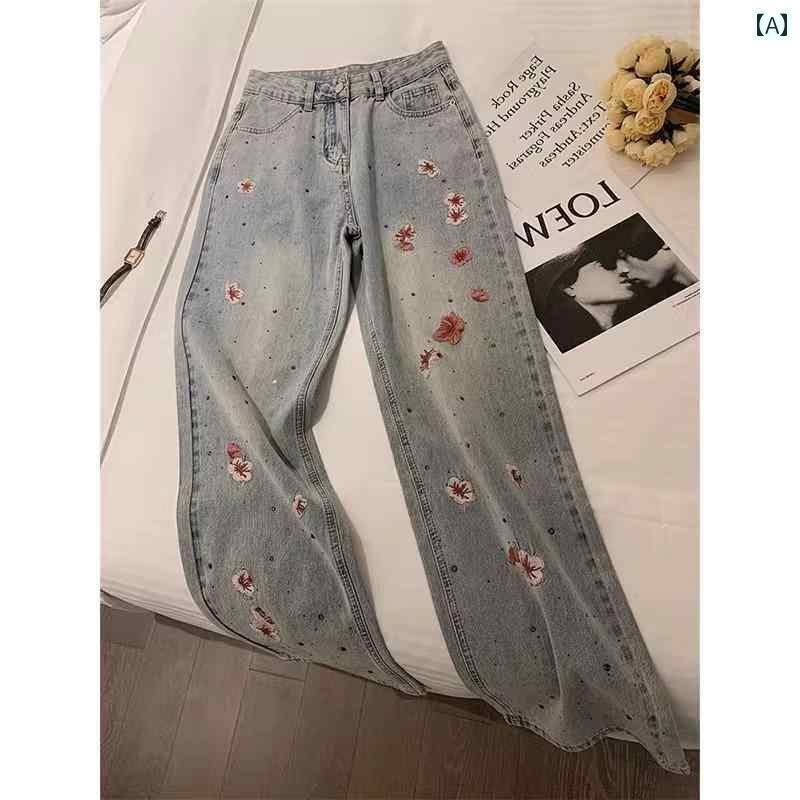 大きめサイズ レディース 春 パンツ ワイドレッグ ハイウエスト デニム アメリカン スリム ストレート かわいい カジュアル 森ガール 花柄 青